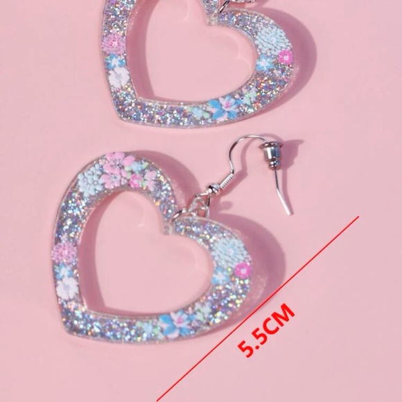 💜 Awesome Large Iridescent Heart Floral Flower Drop Earrings 💜 - Picture 4 of 4